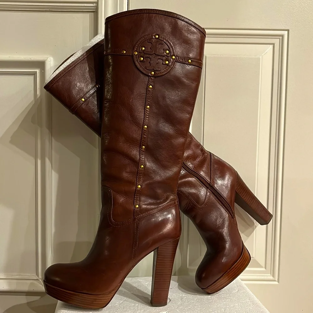 Tory Burch Colleen studded Platform knee high boots. Color Sienna Brown